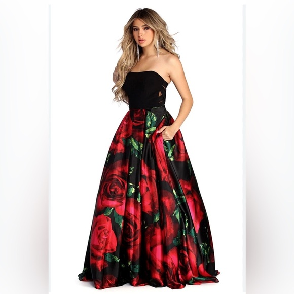 Blondie Nites Strapless Pleated Black and Red Gown - Picture 1 of 10